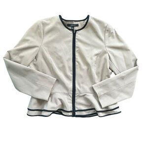 Sandro Womens Peplum Blazer Jacket Collarless Lined Zip Up Tan Black Trim Size L